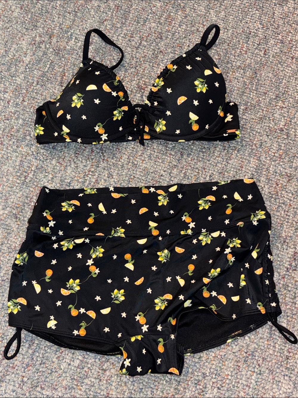 PINK Victoria's Secret Black Bikini Set with Orange & Yellow Citrus Print